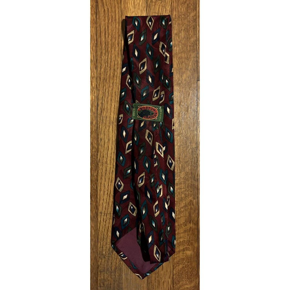 Boston Traders Men's Silk Tie, Geometric Design, Maroon/Green/Gold - Picture 2 of 2